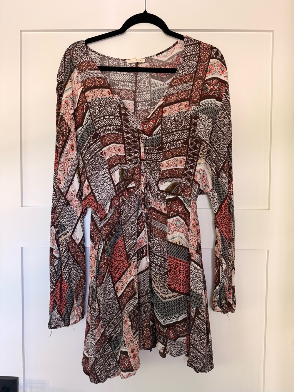 Promesa Western Theme Printed V-Neck Long Sleeve Womenโs Dress in Brown & Coral
